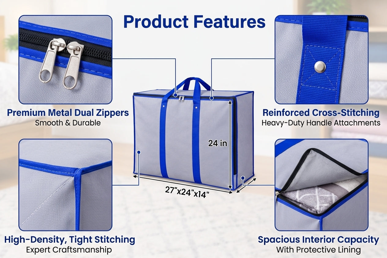 Extra Large Heavy-Duty Storage Tote Bag (27" x 24" x 14") with Reinforced Handles & Premium Dual Zippers for Clothes & Bedding
